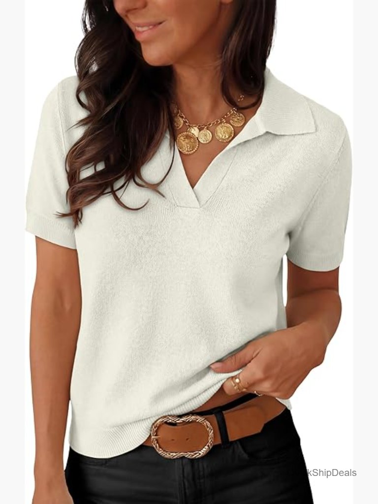 Wool Blend Short Sleeve Polo V-Neck Sweater Top
